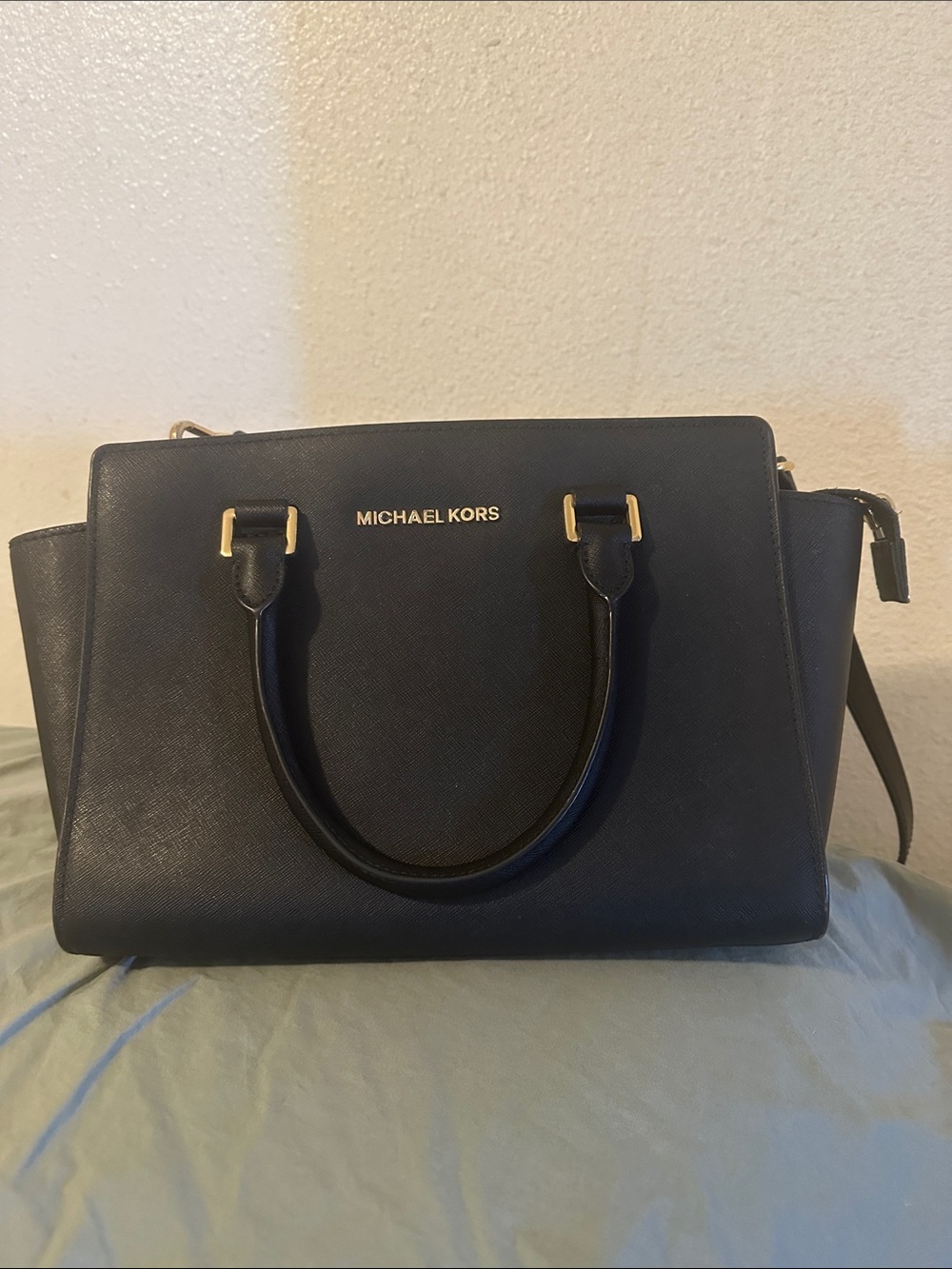Michael Kors Black Saffiano Leather Satchel with Gold Hardware